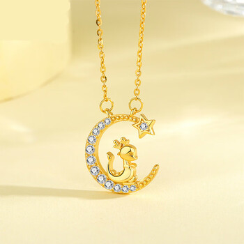 二皕s925银月亮萌龙项链女生肖龙镶钻时尚2024年龙年吊坠锁骨链白色