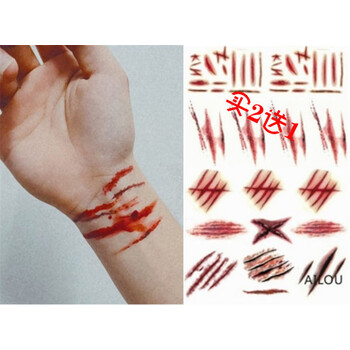薇欧漫伤疤仿真贴假伤口万圣节纹身贴割腕仿真恐怖流血缝线贴纸刀疤