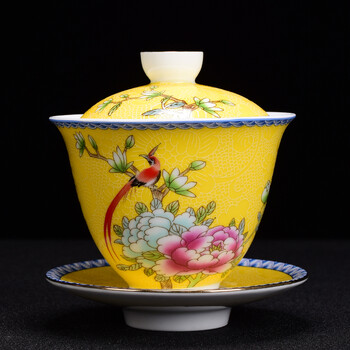 薄胎骨1瓷盖碗 陶生活珐琅彩陶瓷盖碗茶具手绘渐变扒花三才盖碗茶杯