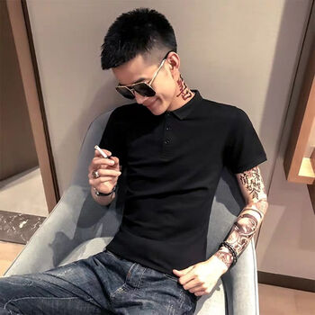 夏装社会精神小伙紧身短袖t恤男士韩版修身polo衫男潮牌体恤2020 黑色