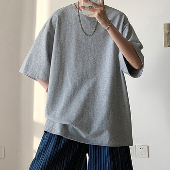 boy 克莱因蓝纯棉t恤男半袖五分袖宽松港风垂感落肩时尚潮流男生穿搭