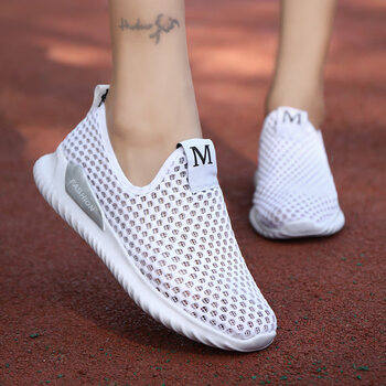 白色镂空网鞋女一脚蹬懒人百搭大气孔网面运动鞋网眼透气女鞋白色35