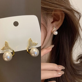 坚银韩国日本针珍珠鱼尾耳环女耳饰网红感轻奢耳钉9259品牌高档香港