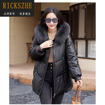 瑞诗哲rickszhe品牌轻奢高档女士冬新韩版眞皮羽绒服女中长款修身绵羊