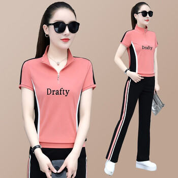 暮鸢清运动套装女夏季棉质立领短袖休闲运动服套装两件套大码显瘦舒适