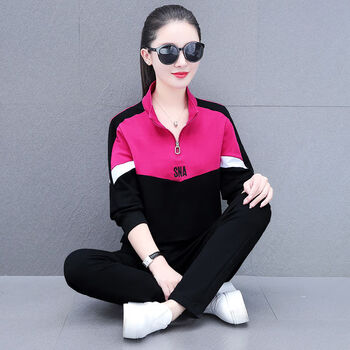 奕津卫衣女中年居家休闲时尚春秋立领运动服套装春季新款跑步红色m