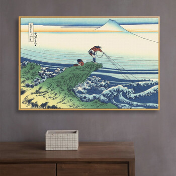 史历克客厅挂画葛饰北斋作品富岳三十六景甲州石班泽浮世绘壁画玄关餐厅书房沙发背景墙日式装饰画原木色外框