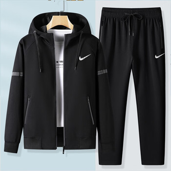 耐克顿纯棉休闲运动服套装男士秋冬青年开衫连帽卫衣跑步服两件 黑色