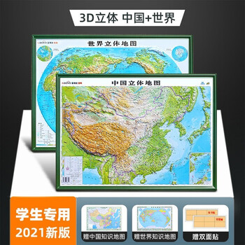 3d凹凸立体中国地形图+世界地形图 2021年 55×40厘