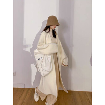 长款过膝韩版宽松外穿慵懒风毛衣开衫2022秋冬新款针织外套 白色无钉