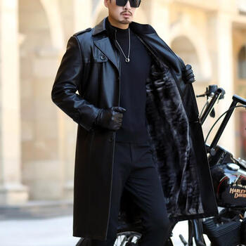 珍问彬彬赫赫男装秋冬中长款皮风衣男士大衣外套加绒加厚爸爸装外套