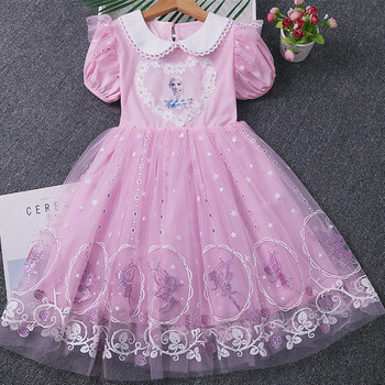 爱莎公主裙子冰雪奇缘夏季短袖连衣裙春秋棉女童爱沙新款儿童装 粉色