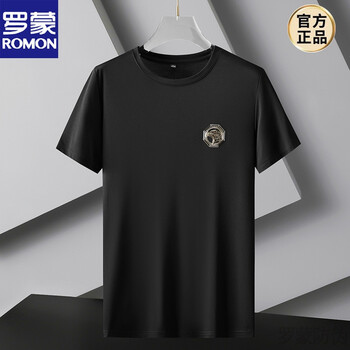 男装新品绅士黑m> 罗蒙romon品牌高端男士短袖t恤夏季薄款宽松冰丝速