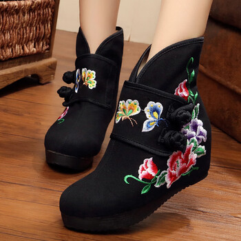 绣花鞋女秋冬新款高帮牛筋底女棉靴内增高冬季保暖女靴yr双碟黑色加棉