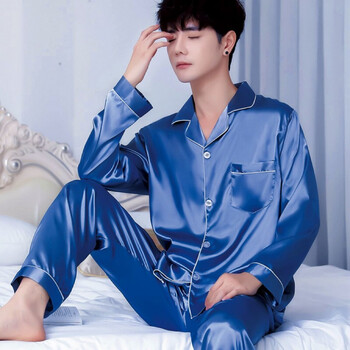 春秋季男士睡衣冰丝长袖仿情侣女士大码夏天家居服套装蓝色男长袖长裤