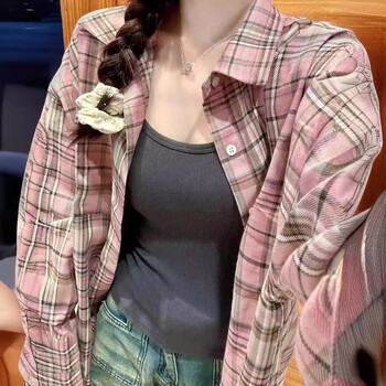 橦舟渡404mob衬衫粉色格子衬衫外套女秋冬季小个子设计感小众上衣法式