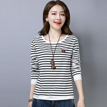 黑白条纹长袖t恤女宽松2022春秋上衣大码韩版百搭纯棉体恤打底衫白