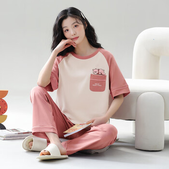 顶瓜瓜睡衣女纯棉短袖长裤可爱可外穿夏季家居服套装sts7626女m建议80