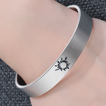 秋桑足银999男女情侣款开口镯子复古太阳月亮时尚星座拉丝手镯太阳男