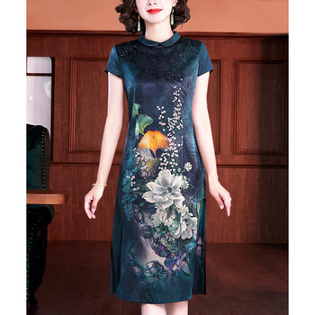 camalgori高档旗袍桑蚕丝真丝香云纱妈妈夏季改良旗袍连衣裙女装 蓝色