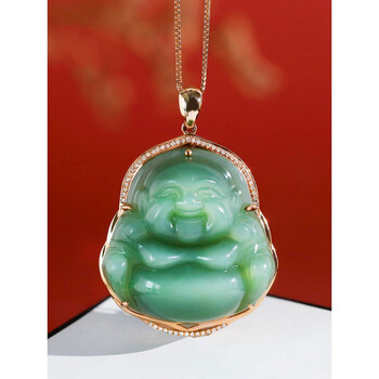 墨韵 和田玉碧玉猫眼佛公18k金镶玉吊坠俄罗斯碧玉弥勒佛笑佛挂件女款