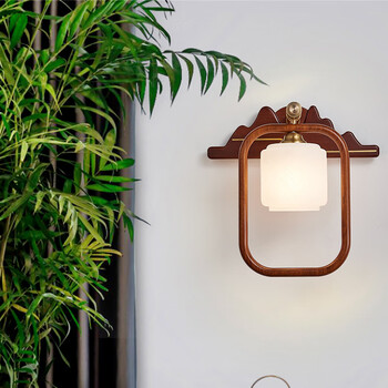 中式壁灯仿古沙比利实木卧室床头灯实木客厅背景墙壁灯过道走廊灯 t