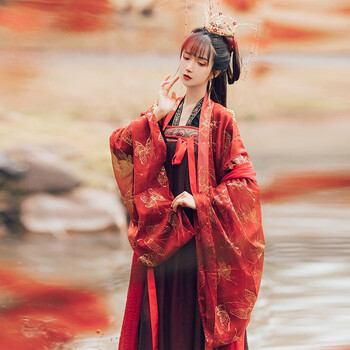 汉服女古风长款红色系大袖衫齐胸襦裙套装古装仙女裙秋冬 上衣 3米