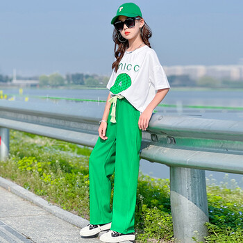 羽夕兔儿童套装女童装女童夏季套装网红2022新款时髦洋气阔腿裤13岁