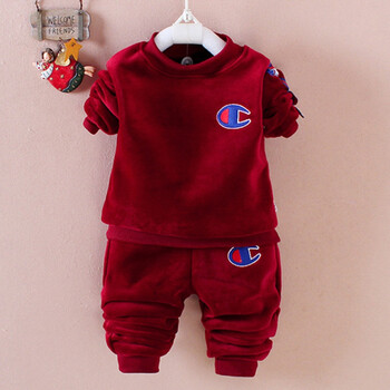 金丝绒套装童装男童秋冬装新款保暖两件套女童套装潮 金丝绒快乐鱼红