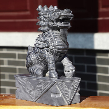 石雕石头青石麒麟门口摆件公母一对石材庭院神兽 麒麟高30长20宽10cm