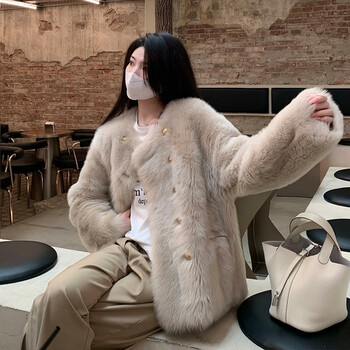 款皮草外套女冬2022新款气质名媛托斯卡纳皮毛一体环保狐狸毛 浅驼色