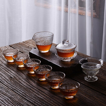 锤纹玻璃功夫茶具套装家用花茶泡茶壶侧把茶杯红茶冲茶器 《锤纹盖碗