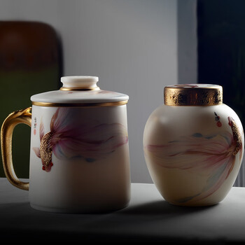 带盖过滤泡茶羊脂玉办公杯陶瓷个人水杯茶水分离高端礼品 悠然得意杯