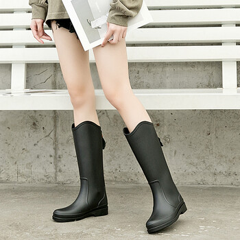 陈新 英伦女高筒雨鞋时尚四季防水胶鞋长筒加绒保暖厨房防滑中筒水鞋