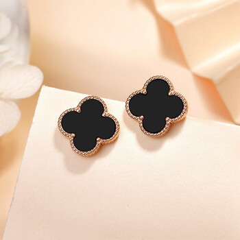 agovski蔻斯琦经典幸运四叶草耳钉女气质耳环耳饰双色可选 黑色