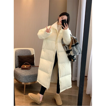 雪中飞品牌超长款90鹅绒蓬松翻领羽绒服女米白均码