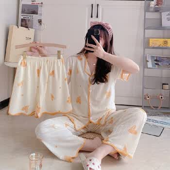 茵侈三件套睡衣女生纯棉短袖长裤夏春秋天初高中学生薄款衣服韩版可外
