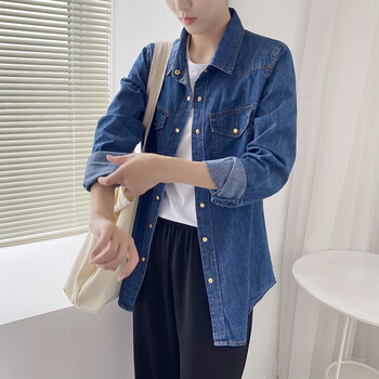 韩版春季修身长袖牛仔衬衫女休闲百搭衬衣叠穿外套wlpns1618g深蓝色xl