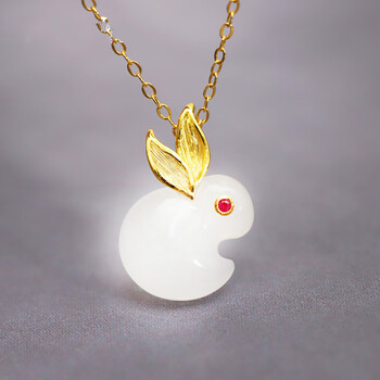999兔年锁骨项链送女友礼物 【吉祥玉兔】黄金金镶玉兔吊坠 s925项链