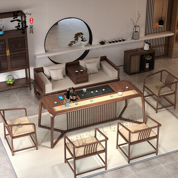 组合新中式茶桌组合黑胡桃木茶台茶几喝茶泡茶桌办公室一体茶桌椅套装
