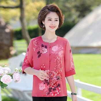 妈妈50到60岁中袖t恤宽松中老年女装夏装奶奶衣服薄衬衫70sn5786 红色