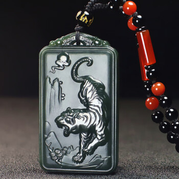 贺寿堂天然新疆和田玉下山虎玉牌男士女士墨玉生肖虎玉吊坠玉佩玉石本