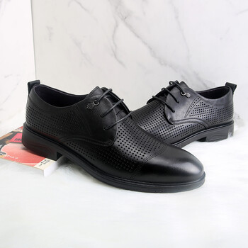 邦赛2022年真皮休闲皮鞋男镂空夏季透气防滑系带男鞋英伦风皮凉鞋
