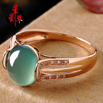 星星草油青种蛋面翡翠戒指女款18k玫瑰金镶嵌钻石送女友礼物港号9