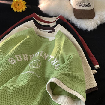 短袖t恤夏季重磅新款潮流男夫格假两件学生帅气百搭宽松上衣服绿 绿色