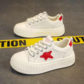 牧童女童板鞋中大童皮面防水星星小白鞋厚底百搭网红春秋款学生鞋m19