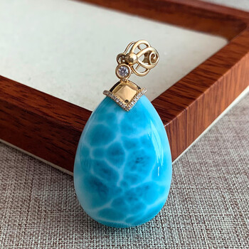 琳梓茉海纹石吊坠女金镶嵌拉利玛坠子水晶项坠饰品礼物hw006约76克