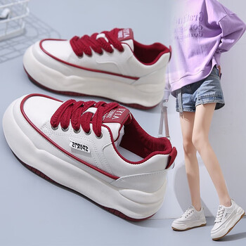 女鞋春夏季新款休闲系带百搭鞋厚底增高5cm运动小白鞋运动鞋红色35
