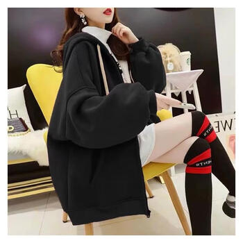 女生卫衣外套女开衫拉链加绒加厚少女款初中学生穿的宽黑色m120斤以下