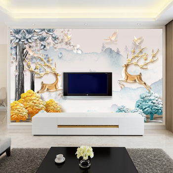 电视背景墙壁纸8d水晶立体现代客厅装饰壁画防水北欧抽象3d几何麋鹿
